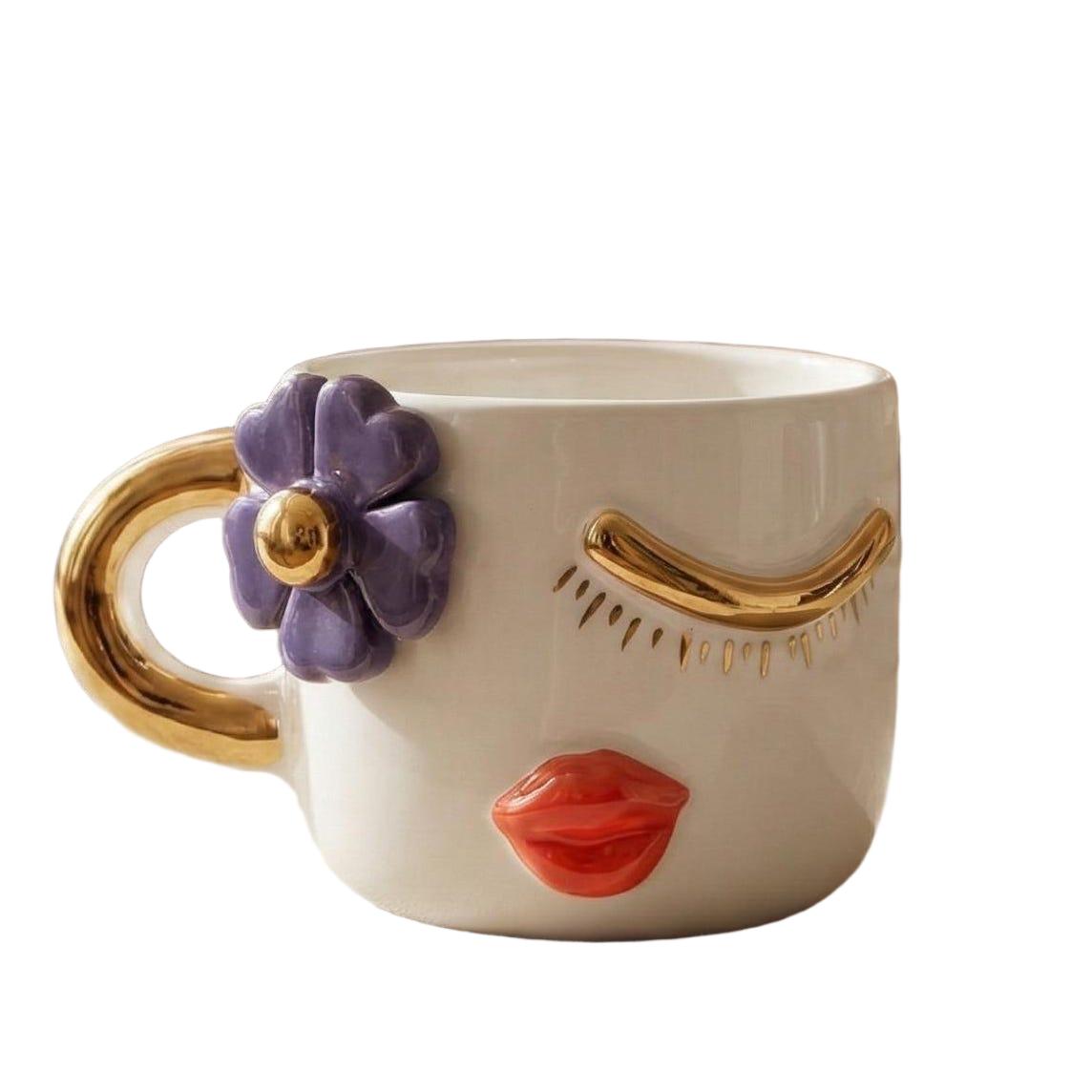 Chic Purple Flower and Red Lips Ceramic Mug